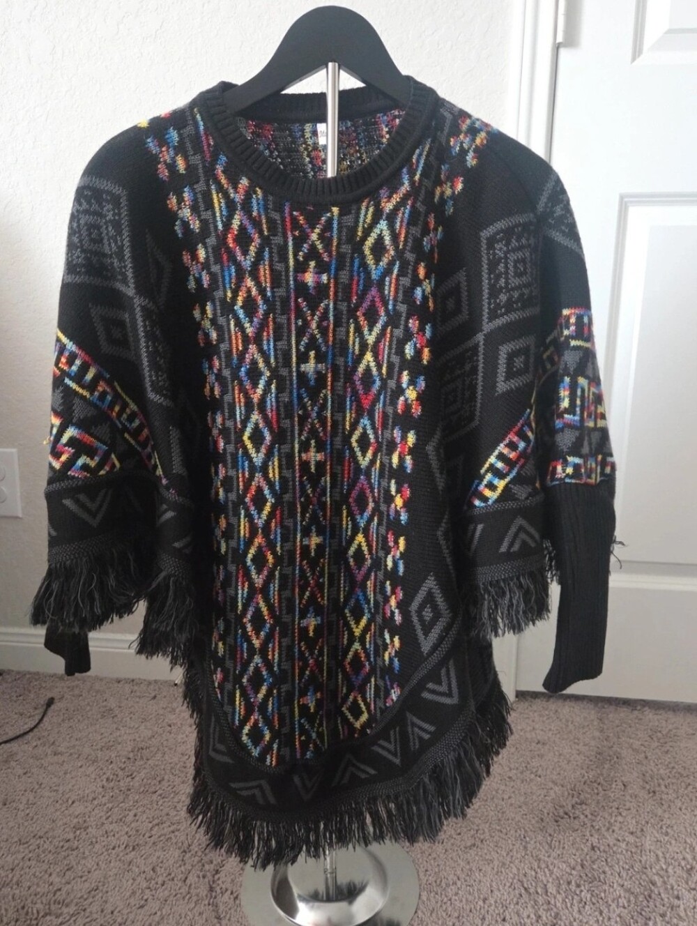 Women's Boho Fringe Poncho Sweater – Black Multicolor Geometric Knit